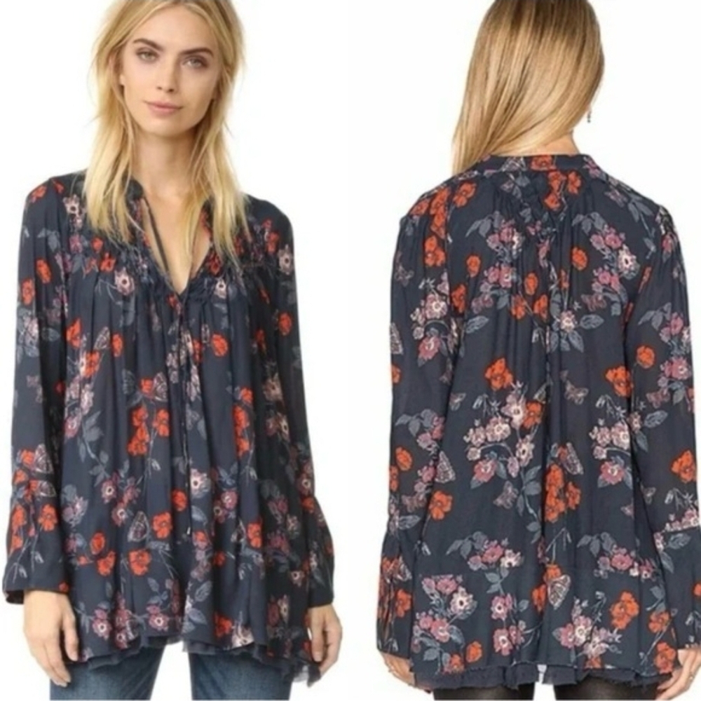 FP Movement by Free People Navy Floral V-Neck Tunic with Red & Pink Blooms